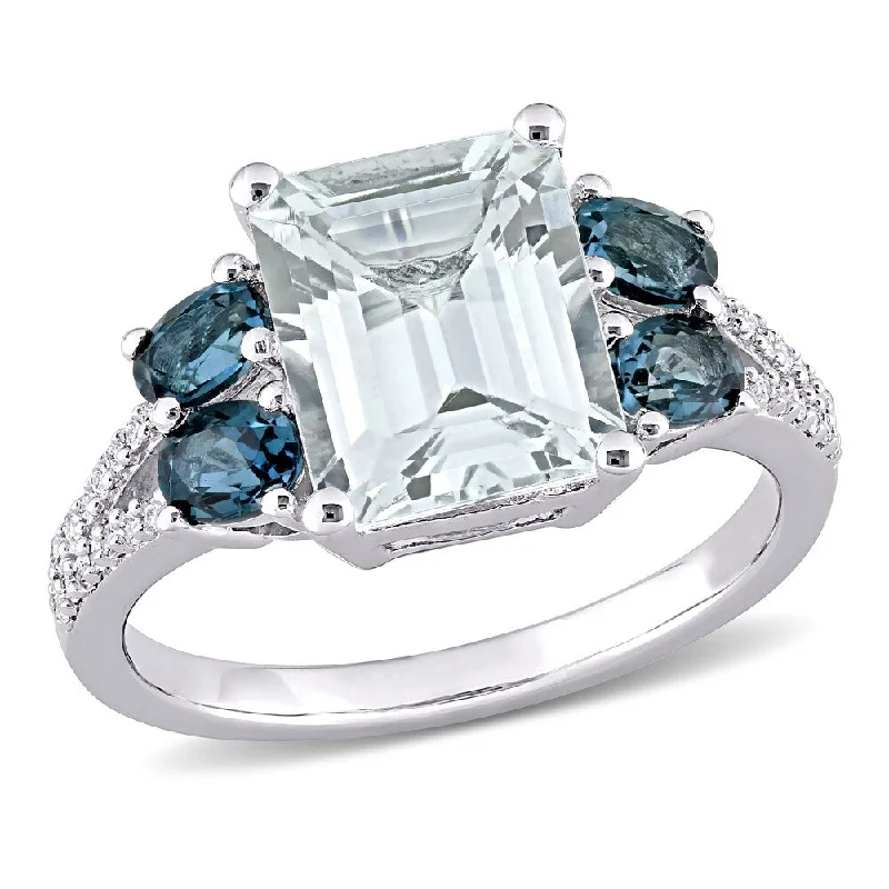 vintage diamond rings -Miadora Sterling Silver Aquamarine London Blue Topaz and 1/10ct TDW Diamond 5-Stone Ring