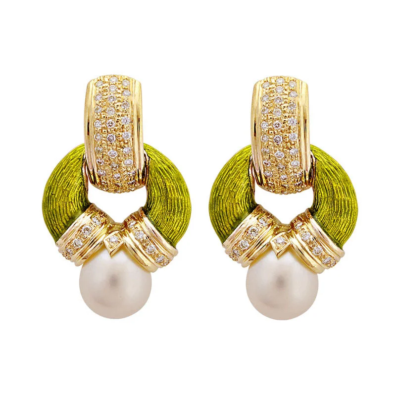 luxury diamond earrings for women -Earrings-South Sea Pearl and Diamond (Enamel)