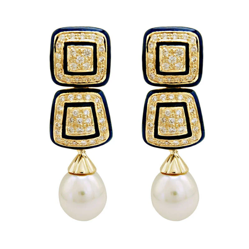 custom engraved earrings -Earrings-South Sea Pearl and Diamond (Enamel)