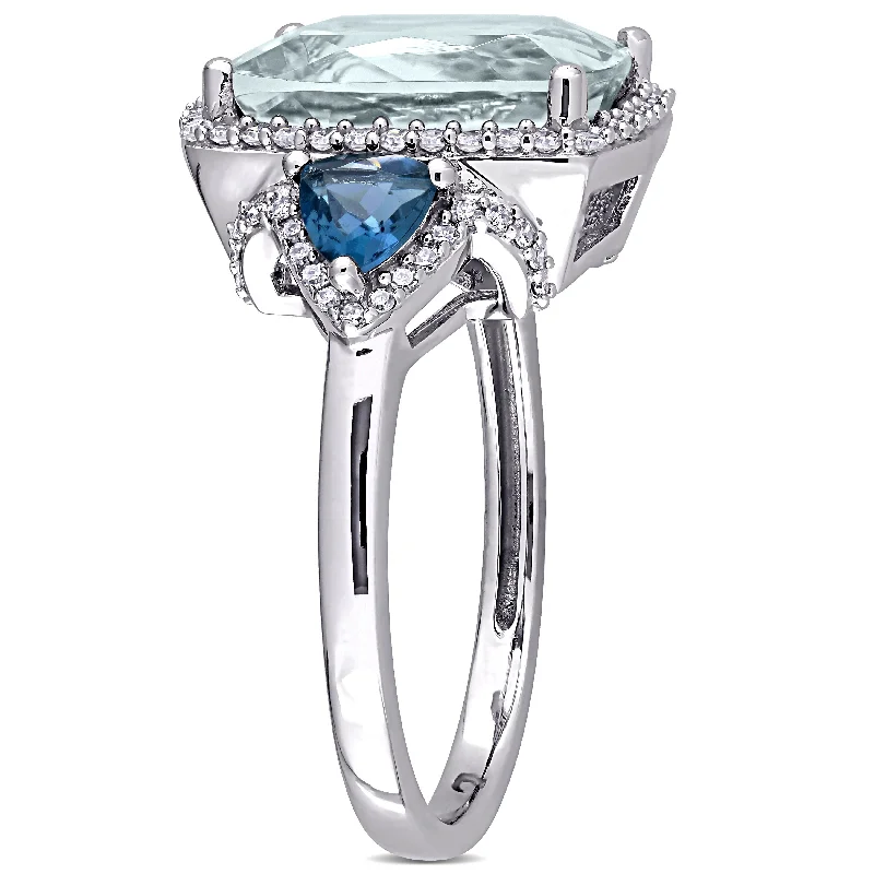 statement wedding rings for women -Miadora 14k White Gold Cushion Aquamarine, Blue Topaz and 1/3ct TDW Diamond Halo Cocktail Ring