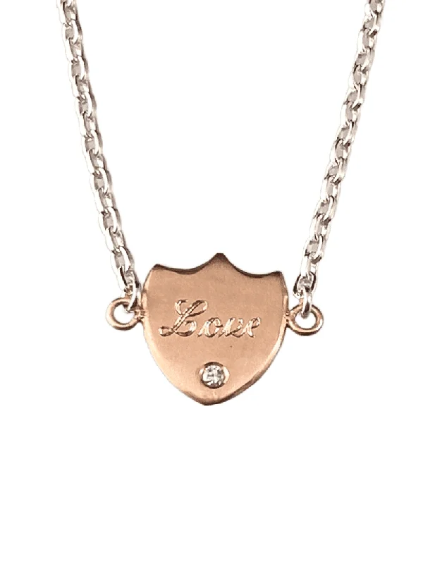 vintage gold necklaces for women -18” 18k Rose Gold 'Love' Shield Necklace with Diamond on Sterling Chain