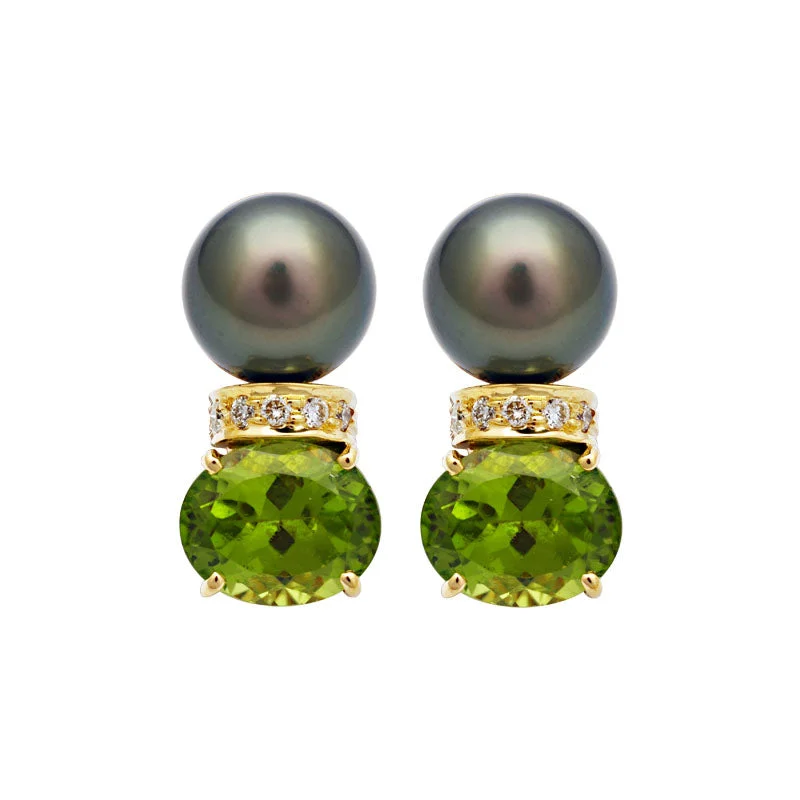 antique drop earrings for women -Earrings-Peridot, South Sea Pearl and Diamond