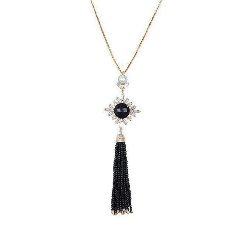 minimalist necklaces for women -Black onyx and Pearl Tassel Necklace