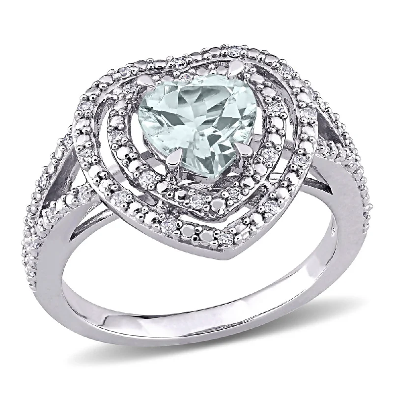 halo engagement rings -Miadora 10k White Gold Aquamarine and 1/5ct TDW Diamond Double Halo Heart Split Shank Ring