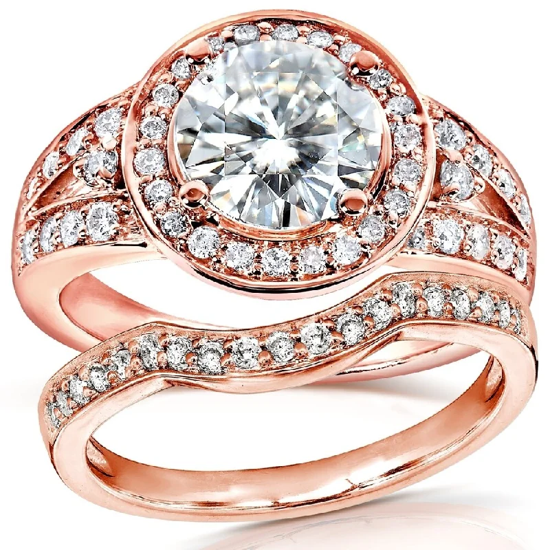 eternity rings with diamonds -Annello by Kobelli 14k Rose Gold 2ct TGW Round Moissanite and Diamond Halo Bridal Ring 2-Piece Set