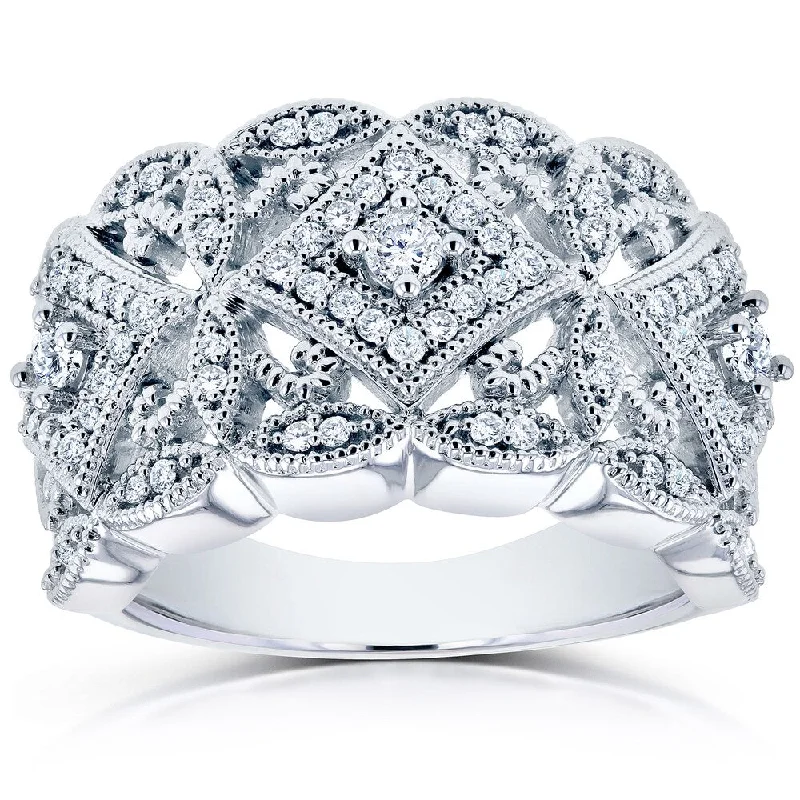 mixed metal rings for women -Annello by Kobelli 10k White Gold 1/2ct TDW Diamond Antique Filigree Wide Anniversary Ring