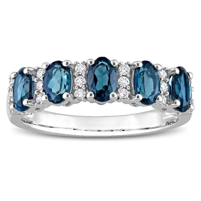 luxury wedding rings -Miadora London Blue Topaz and 1/6ct TDW Diamond Semi-Eternity Ring in 14k White Gold