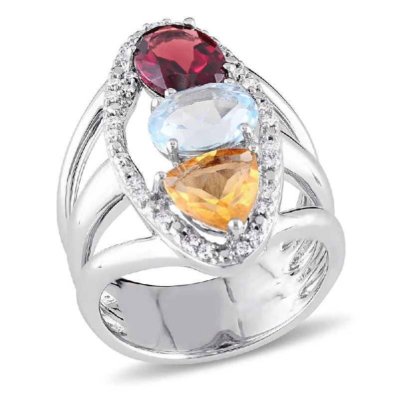 unique rings for women -Miadora 14k White Gold Garnet Blue Topaz Citrine and 1/5ct TDW Diamond Teardrop Split-Shank Ring (G-