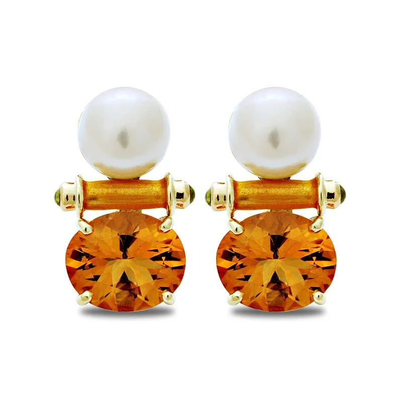 stud earrings for women -Earrings-Citrine, Peridot and South Sea Pearl (Enamel)