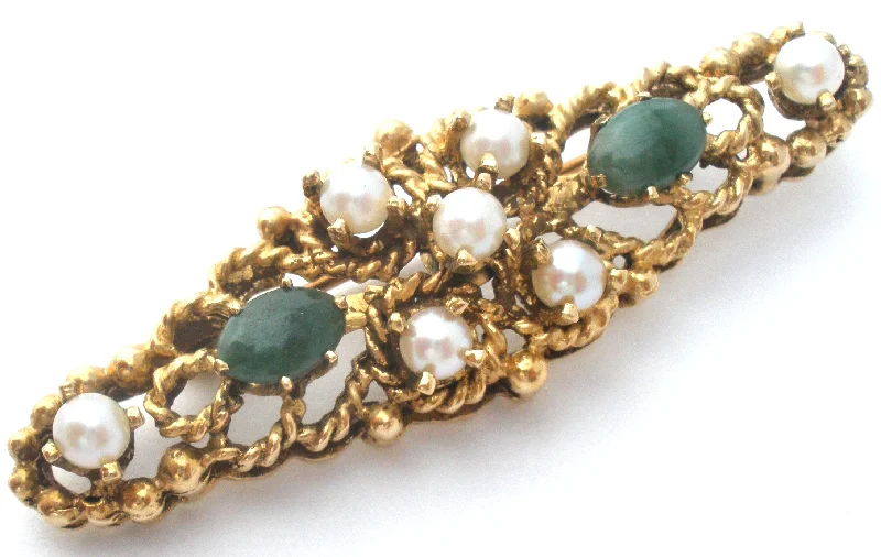 14K Gold Pearl & Jade Bar Pin Brooch