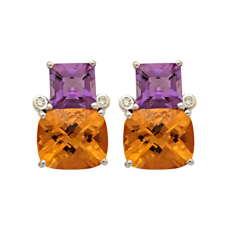 vintage stud earrings -Earrings-Citrine, Amethyst and Diamond