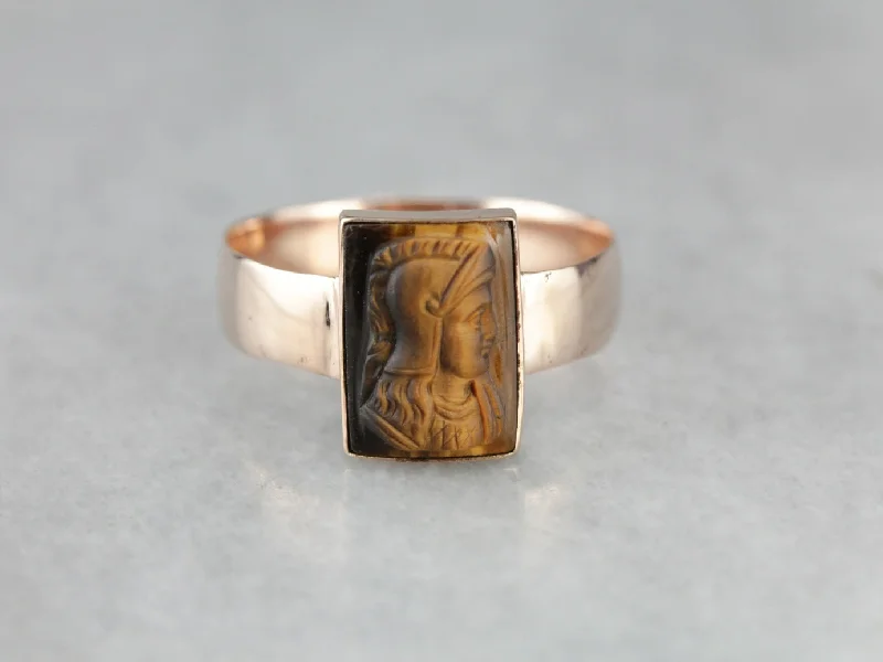 custom wedding rings -Victorian Era Tiger's Eye Cameo Rose Gold Ring