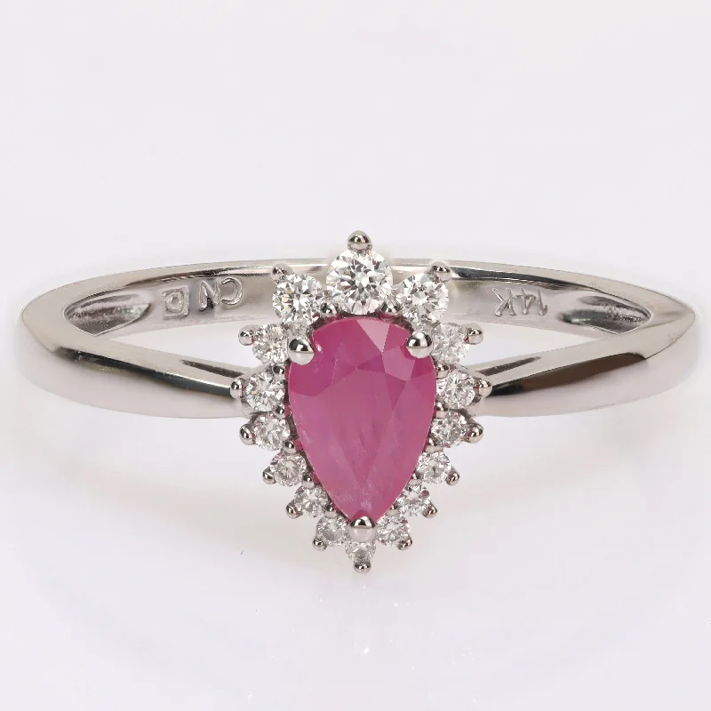 adjustable rings for women -Miadora Pear-cut Ruby and 1/8ct TDW Diamond Graduated Halo Teardrop Ring in 14k White Gold