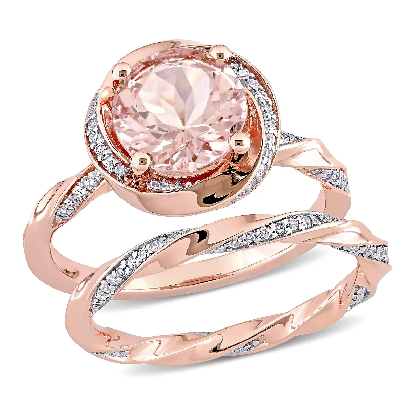 art deco rings for women -Miadora 10k Rose Gold Morganite and 3/8ct TDW Diamond Halo Swirl Bridal Ring Set