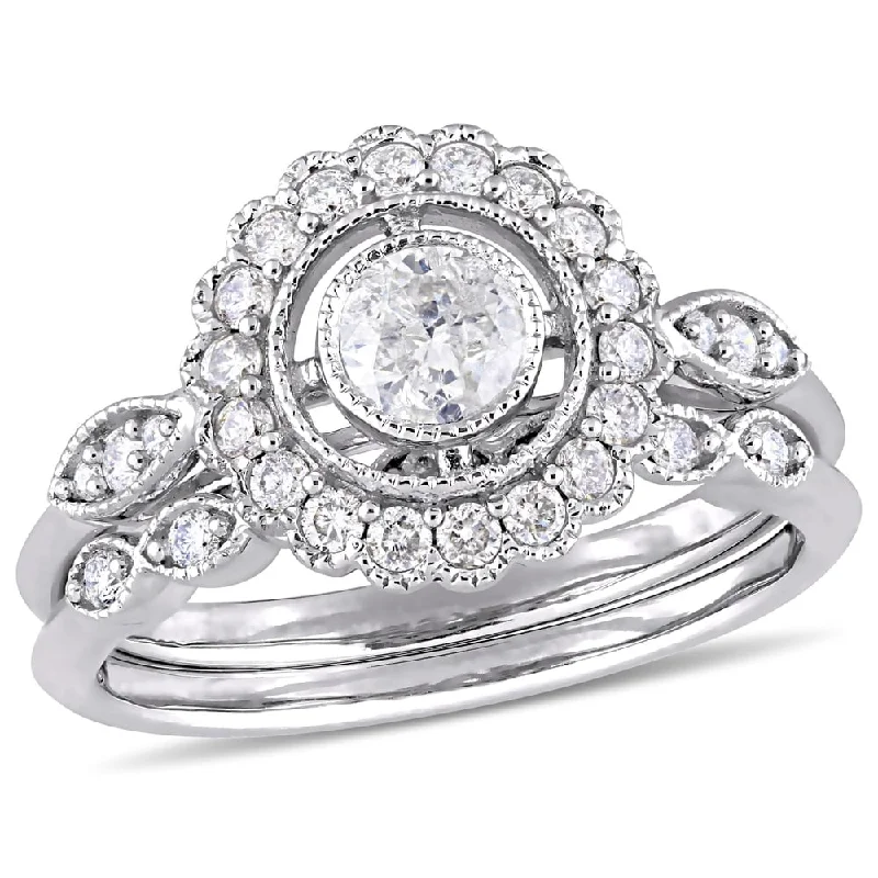 halo wedding rings for women -Miadora 10k White Gold 3/4ct TDW Diamond Halo Floral Bridal Ring Set