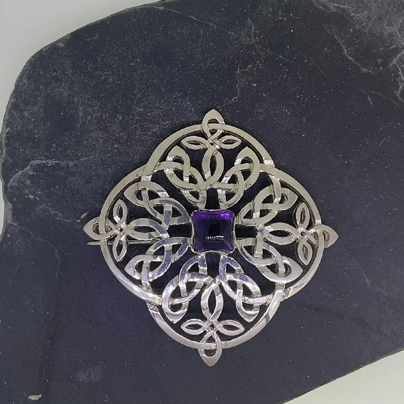 Diamond Shape Silver Celtic Brooch Set with Amethyst - Lockdown