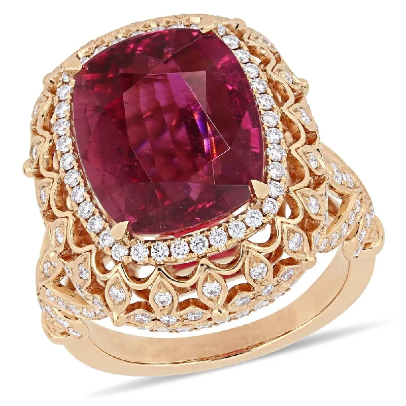 engagement rings for women -Miadora 14k Rose Gold Pink Tourmaline and 1-1/7ct TDW Diamond Halo Cocktail Ring