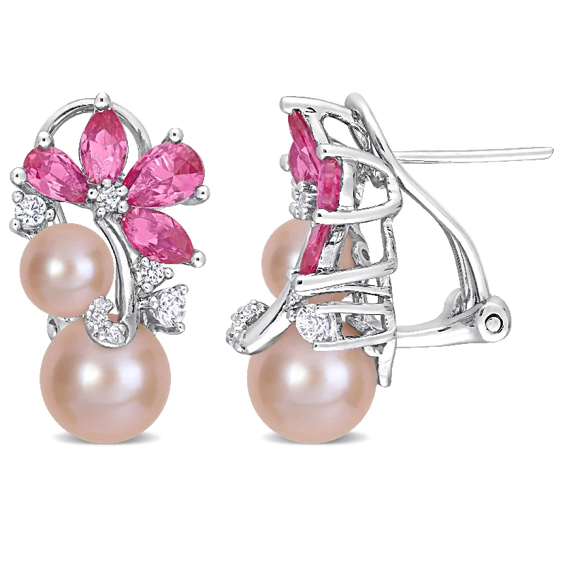 personalized rings for women -Miadora Pink Cultured Freshwater Pearl & 4 1/4 CT TGW Created Pink and White Sapphire Earings in Sterling Silver