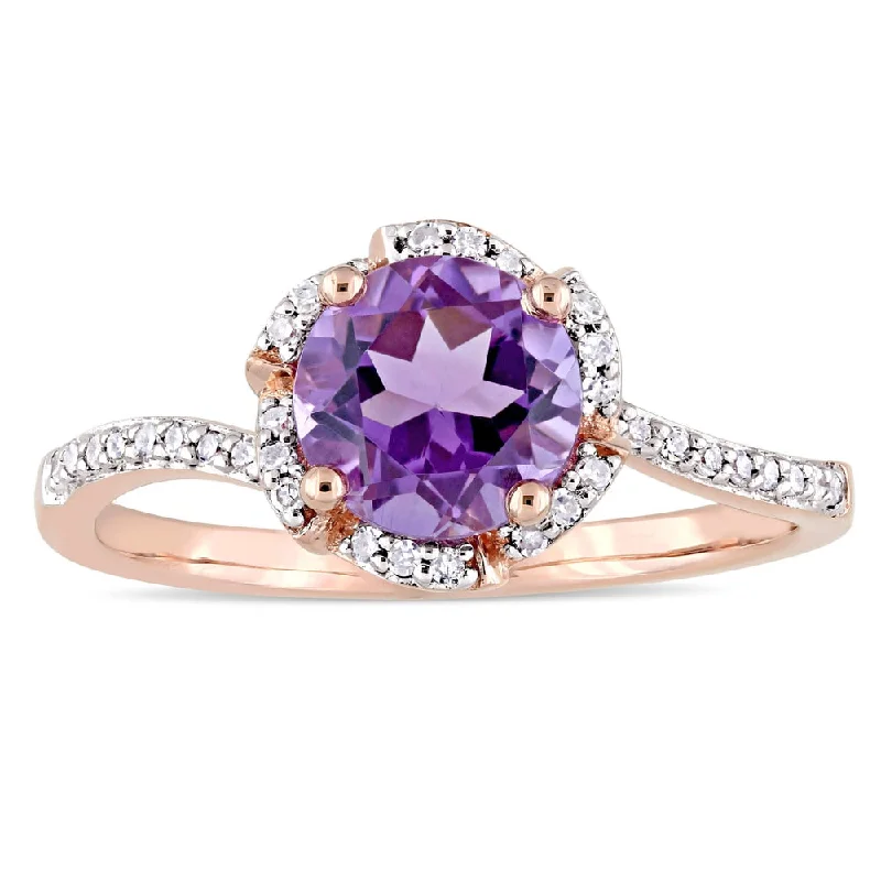 halo wedding rings for women -Miadora Signature Collection 14k Rose Gold Amethyst and 1/10ct TDW Diamond Flower Halo Ring - Purple