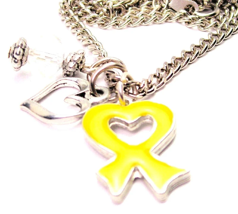 romantic necklaces for women -Hand Painted Heart Shaped Awareness Ribbon Yellow Necklace with Small Heart