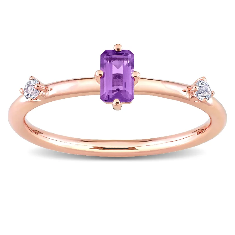 fashion gemstone rings for women -Miadora 10k Rose Gold Amethyst and White Topaz 3-Stone Stackable Rectangular Ring