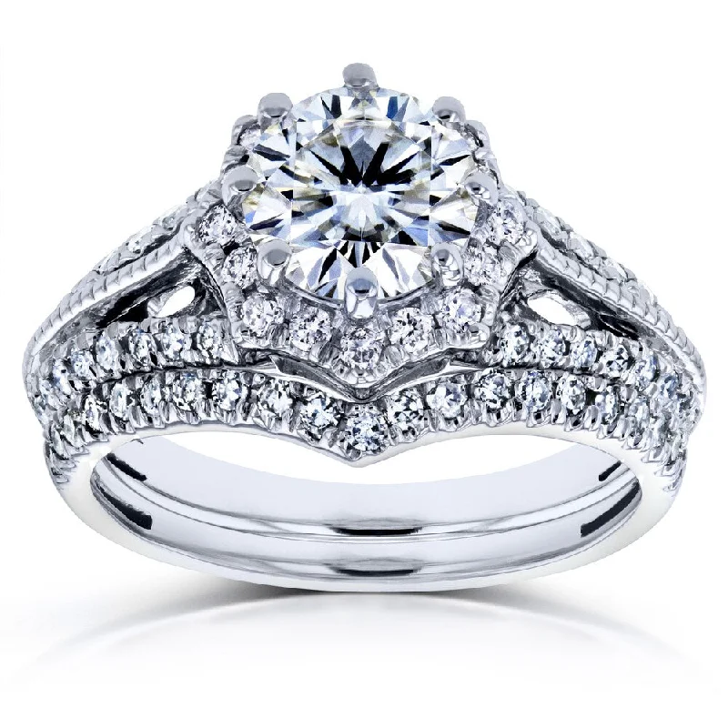 anniversary rings with diamonds -Annello by Kobelli 14k White Gold 1 1/2ct TGW Moissanite and Diamond Star Halo 2-Ring Bridal Set (H-I, I1-I2)