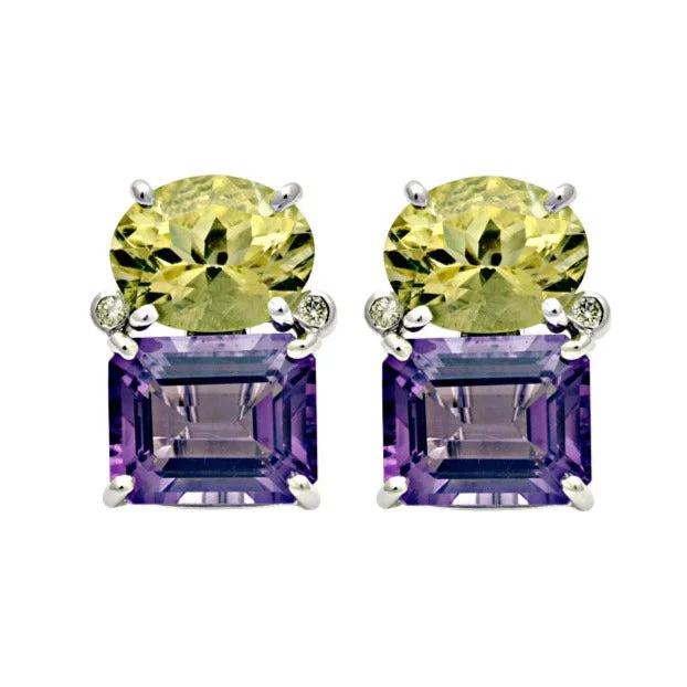 birthday gift earrings for women -Earrings-Lemon Quartz, Amethyst and Diamond