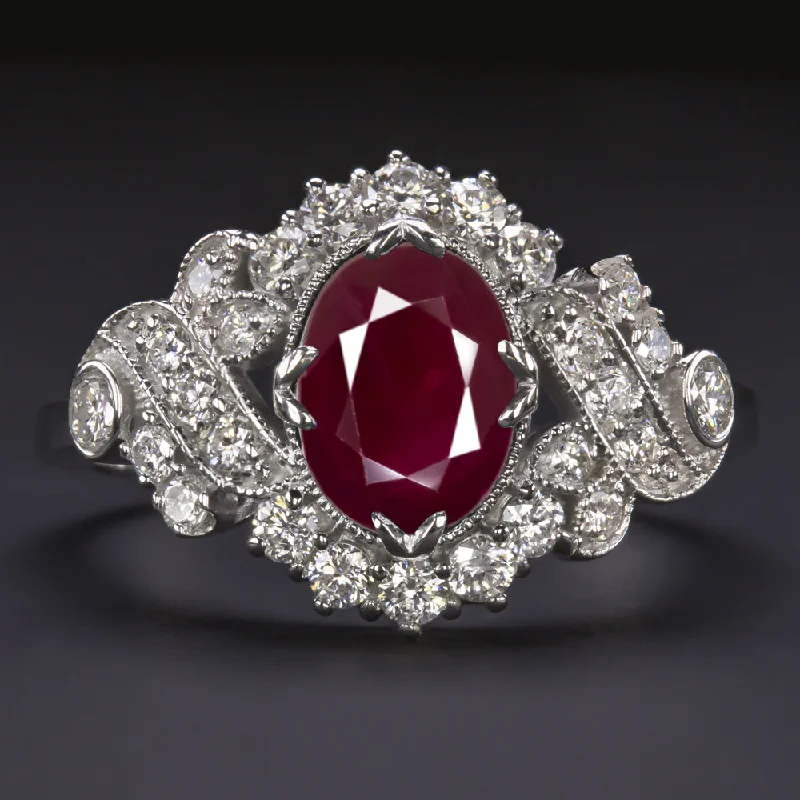 statement wedding rings for women -1.60ct RUBY DIAMOND VINTAGE STYLE RING OVAL CUT COCKTAIL ENGAGEMENT NATURAL RED