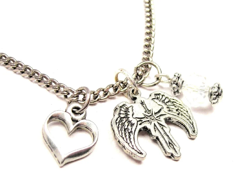 fashion statement necklaces for women -Cross With Wings Necklace with Small Heart