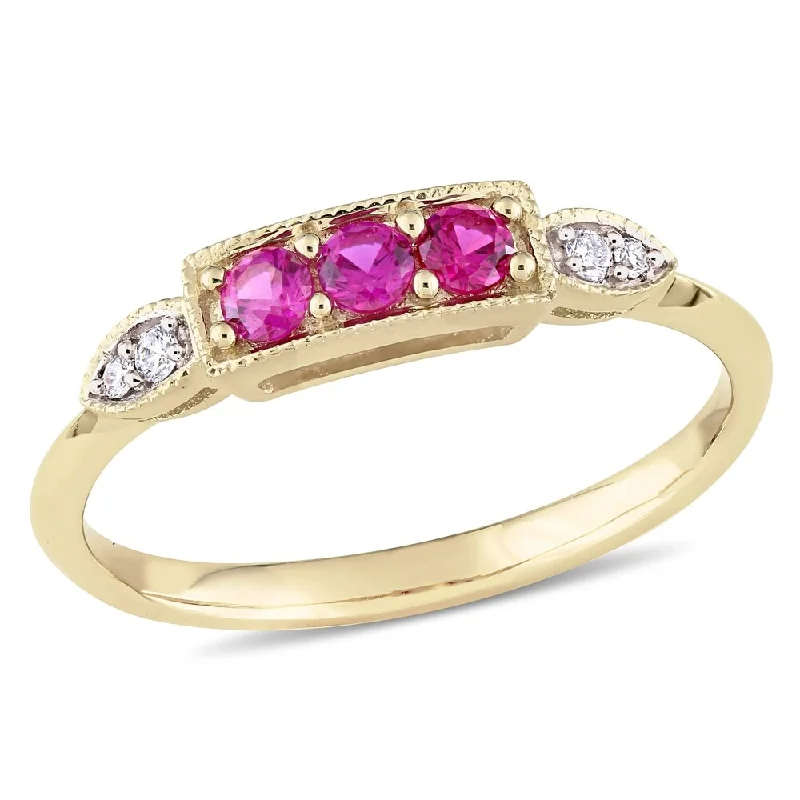 fashion engagement rings -Miadora 10k Yellow Gold Blue Created Ruby and Diamond Bar Ring