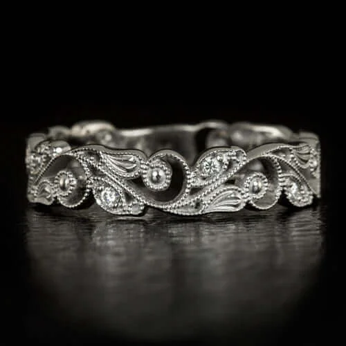 custom engraved rings -FILIGREE ART NOUVEAU DIAMOND WEDDING BAND VINTAGE STYLE FLORAL RING ENGRAVED