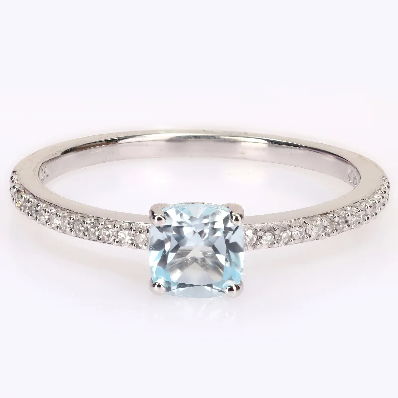 modern wedding rings for women -Miadora 10k White Gold Cushion-cut Blue Topaz and 1/10ct TDW Diamond Birthstone Ring