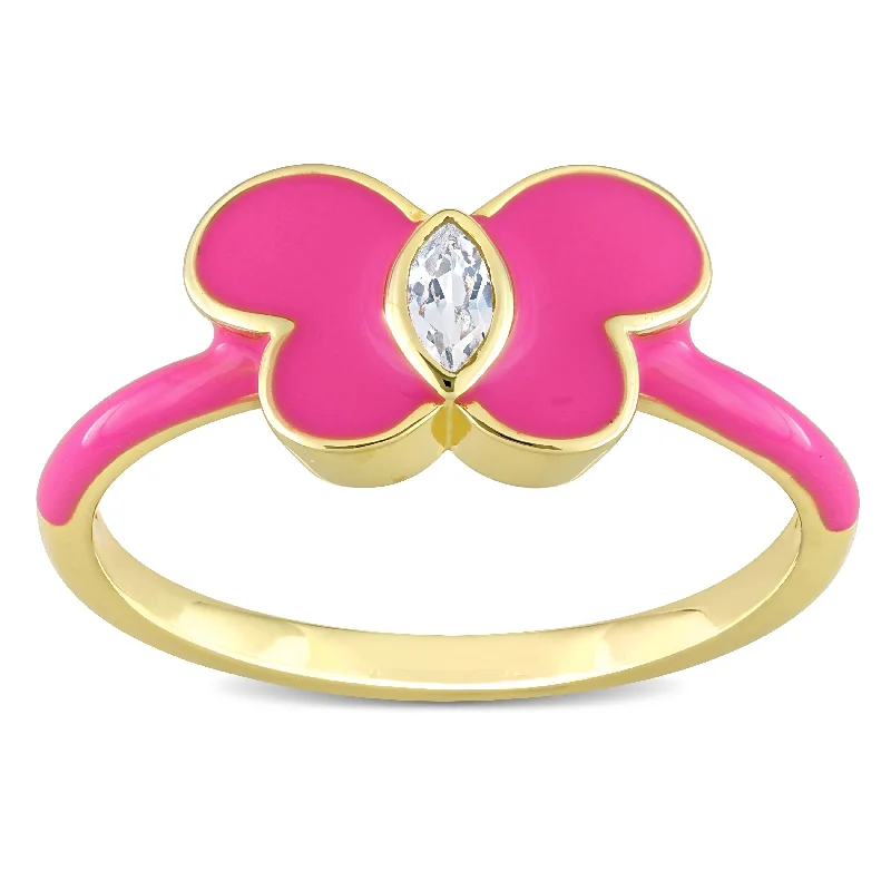 diamond rings for women -Miadora Created White Sapphire Butterfly Enamel Ring in Yellow Plated Sterling Silver