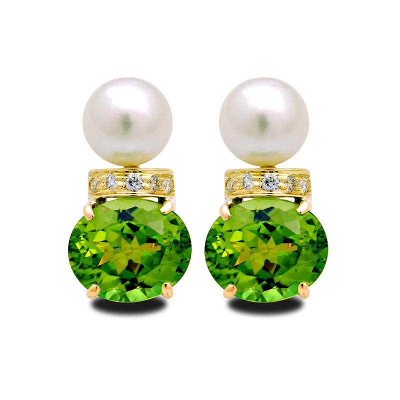 colored gemstone earrings for women -Earrings-Peridot, South Sea Pearl and Diamond