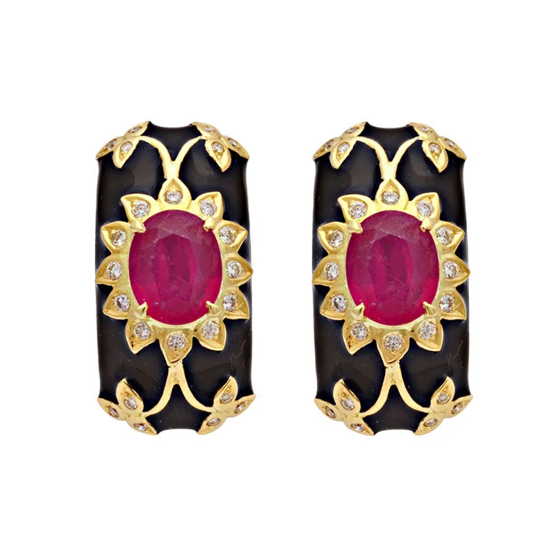 evening earrings for women -Earrings-Glass Filled Ruby and Diamond (Enamel)