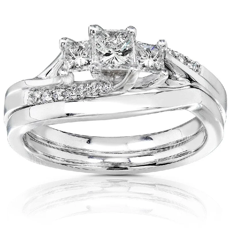 engraved rings for women -Annello by Kobelli 14k White Gold 1/2ct TDW Princess Diamond 3-Stone Curved Bridal Rings Set