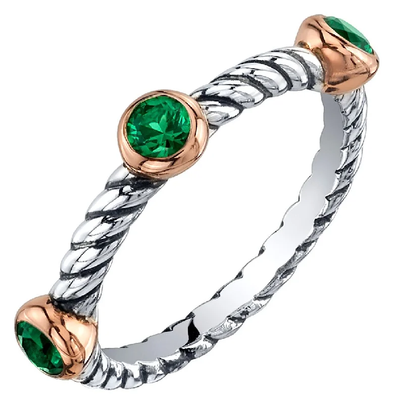 minimalist rings for women -Sterling Silver Simulated Emerald 3-Stone Cable Rope Stackable Ring