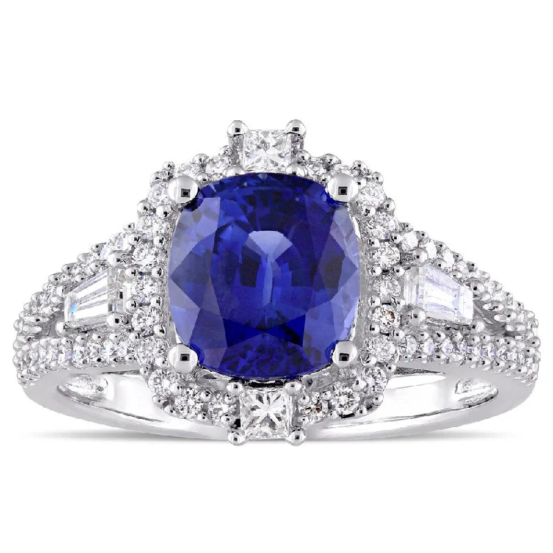 fashion engagement rings -Miadora Signature Collection 14k White Gold Blue Sapphire and 3/4ct TDW Diamond Vintage Halo Ring