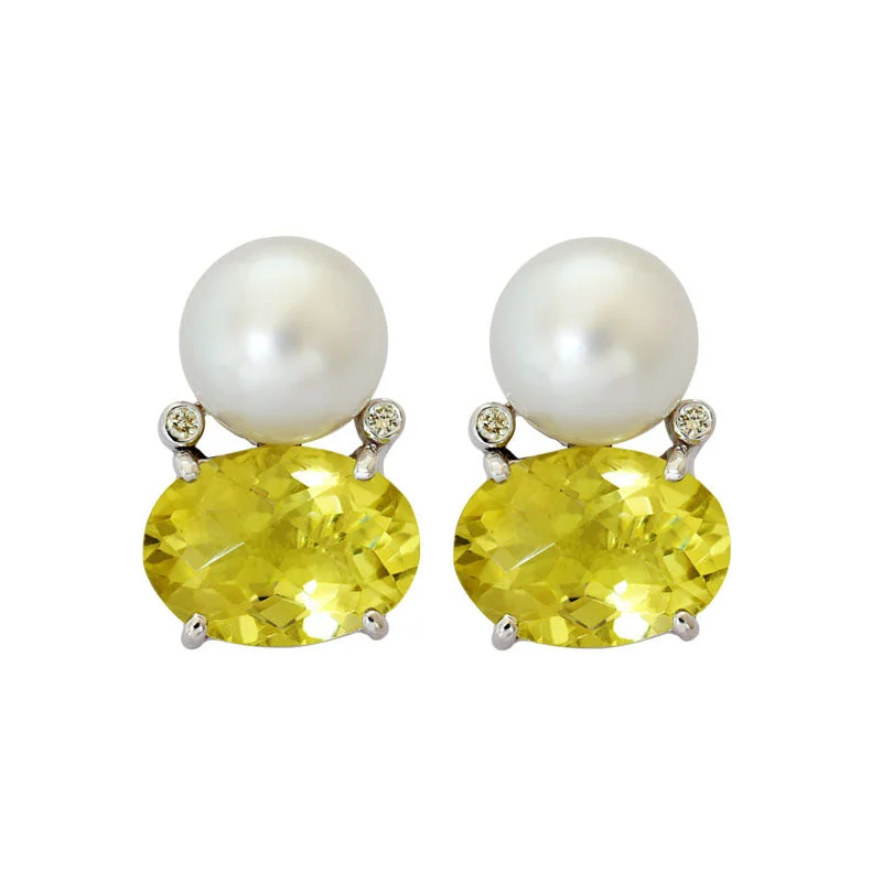 fashion earrings for women -Earrings-Lemon Quartz, South Sea Pearl and Diamond