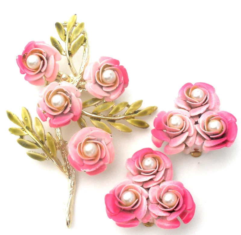 Pink Enamel Pearl Flower Brooch Set