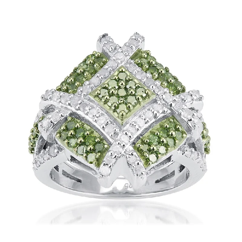 infinity rings for women -Sterling Silver 1 1/4ct TDW Green and White Diamond Square Ring