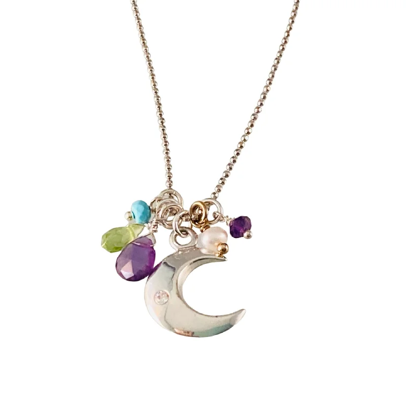 luxurious necklaces for women -18" Crescent Moon Star Mixed Gemstone Charm Necklace