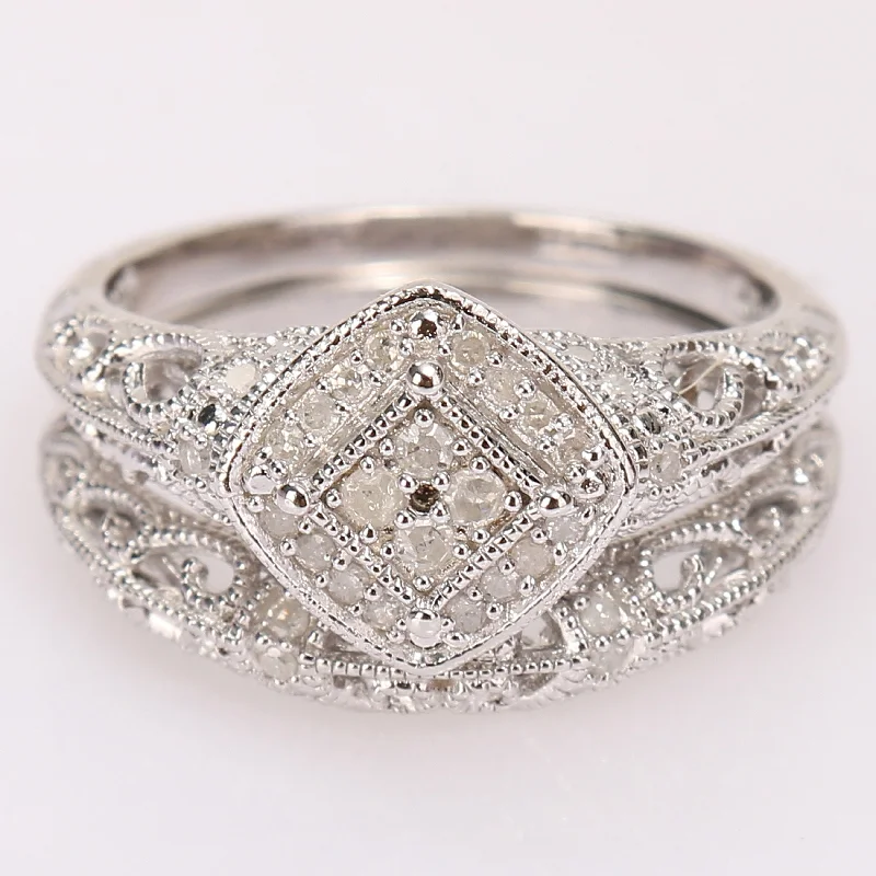 elegant diamond rings for women -Miadora Sterling Silver 1/5ct TDW Diamond Vintage Bridal Ring Set