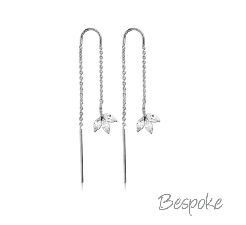 antique drop earrings for women -Bespoke Steel Chain With Jewelled Leaf Earring Stud Pair w Chain Hanging Bar