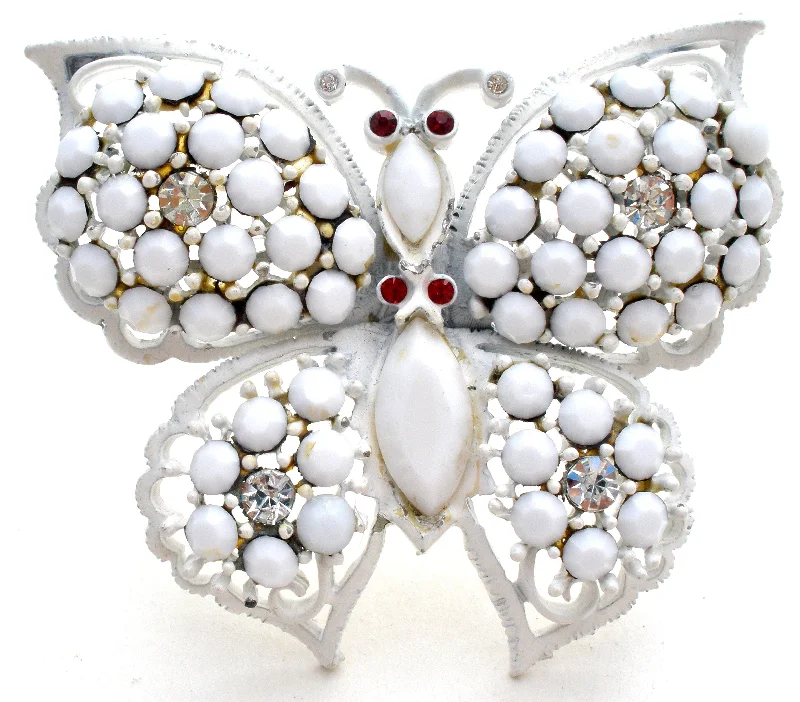 Weiss Milk Glass Rhinestone Butterfly Brooch Pin Vintage