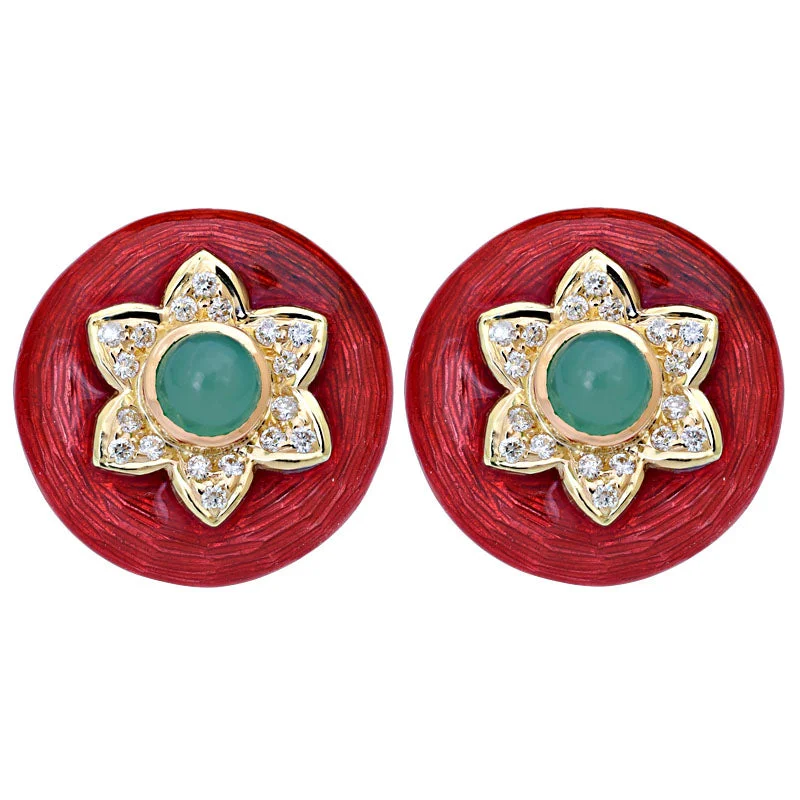 romantic pearl earrings for women -Earrings-Chrysoprase and Diamond (Enamel)