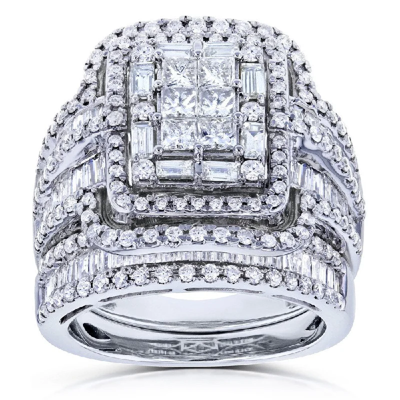 silver rings for women -Annello by Kobelli 14k White Gold 2 1/2ct TDW Diamond Composite Rectangular Frame Bridal Rings Set