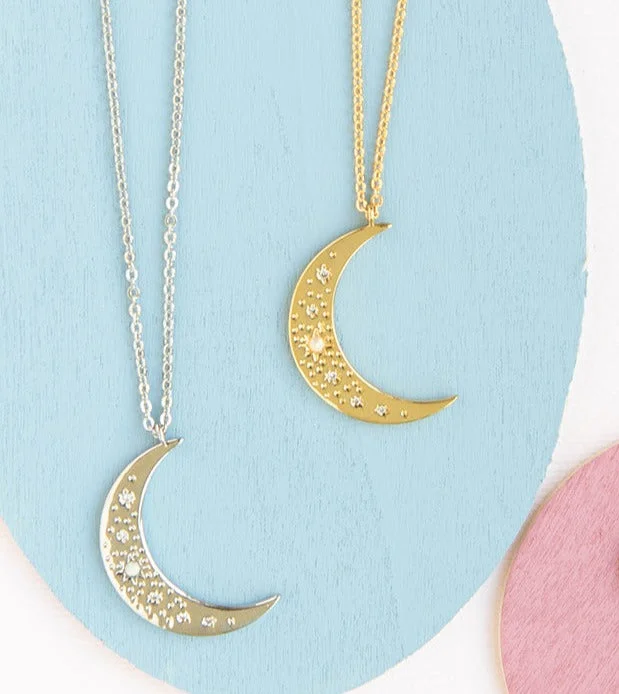 vintage pendant necklaces -Moon dotted with CZ and Opal Gems Charm Necklace