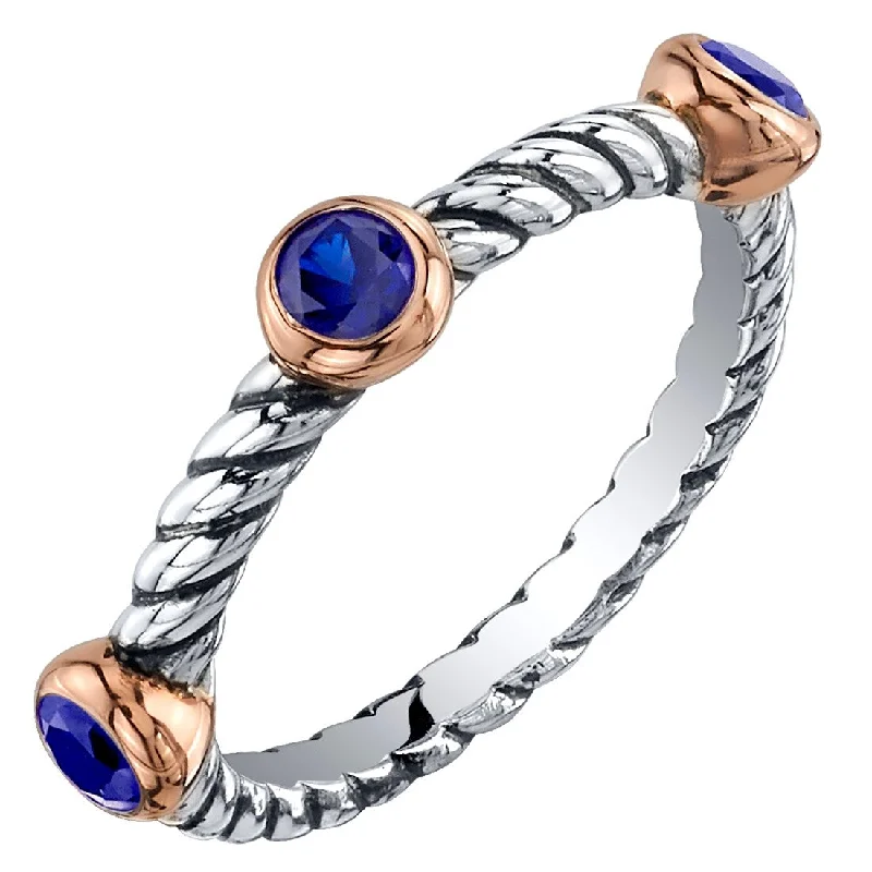 thick gold rings for women -Sterling Silver Created Blue Sapphire 3-Stone Cable Rope Stackable Ring