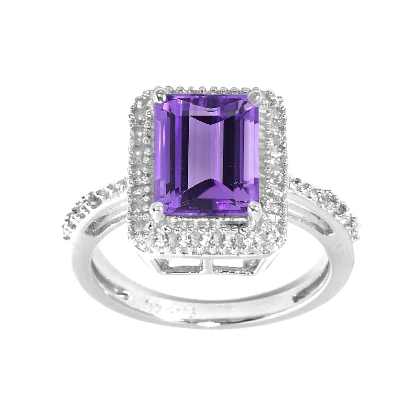 halo wedding rings for women -Sterling Silver with Natural Amethyst and White Topaz Halo Ring